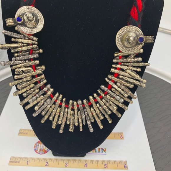 Red Handmade Metal Choker Necklace, Spikes Choker Antique Necklace, Kuchi Tribal - Picture 8 of 9